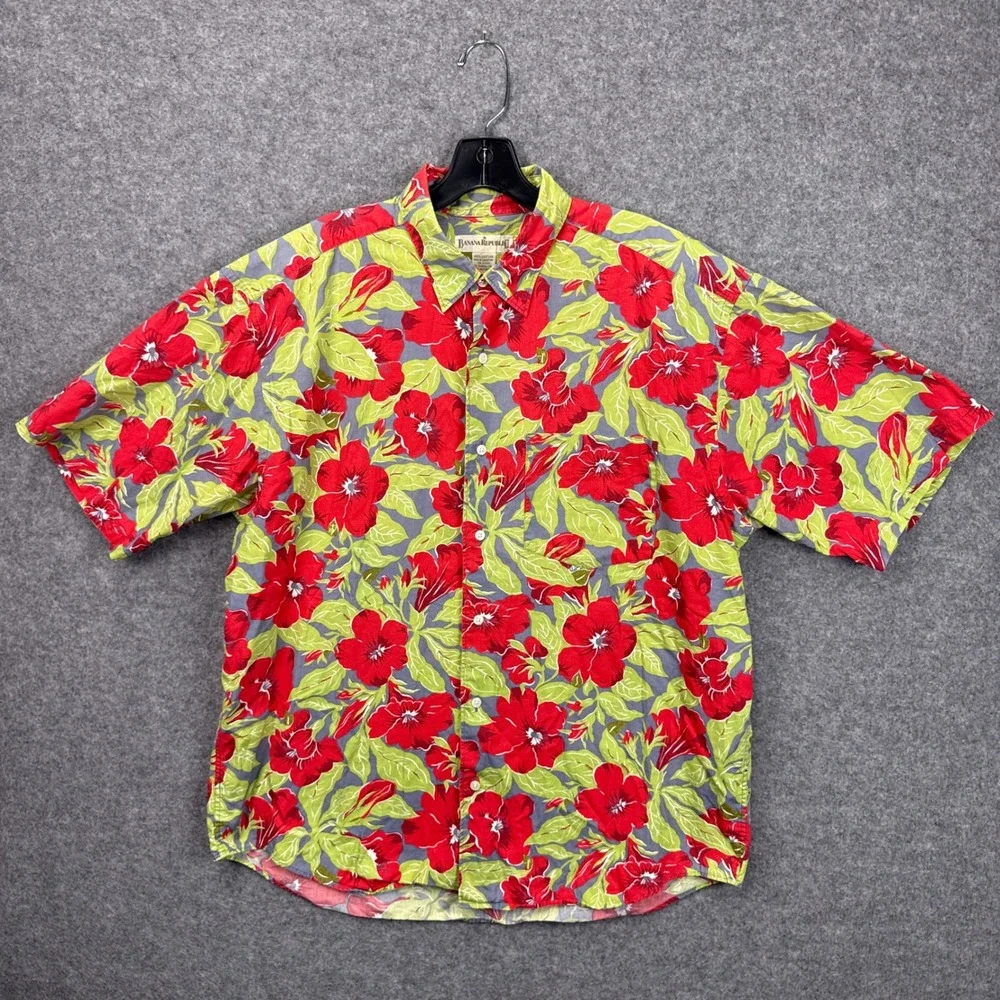Vintage Banana Republic Mens Tropical Hibiscus Floral Short Sleeve Button Shirt